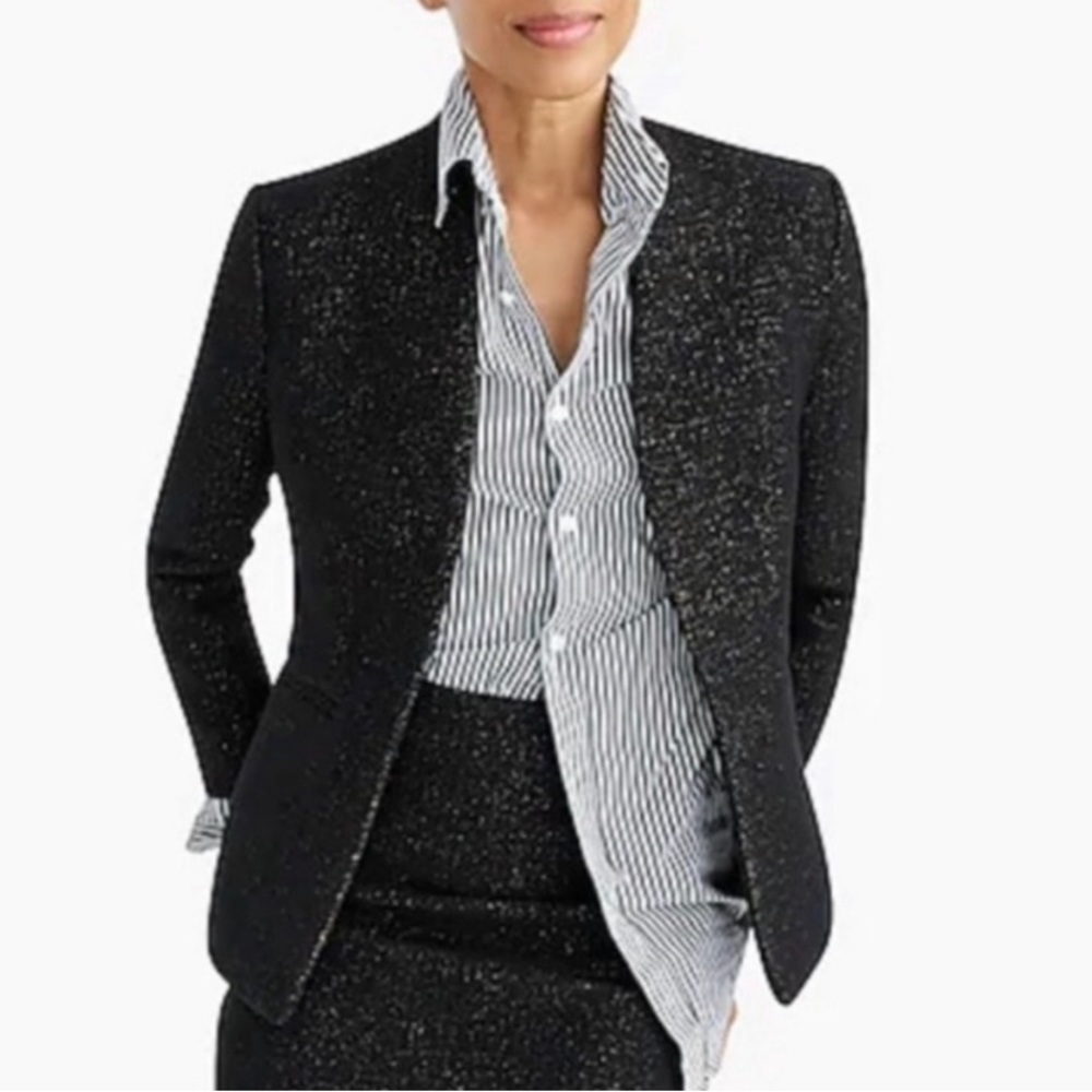 J Crew Going Out Tinsel Tweed Wool Blazer Black Metallic Open Front Slim Fit